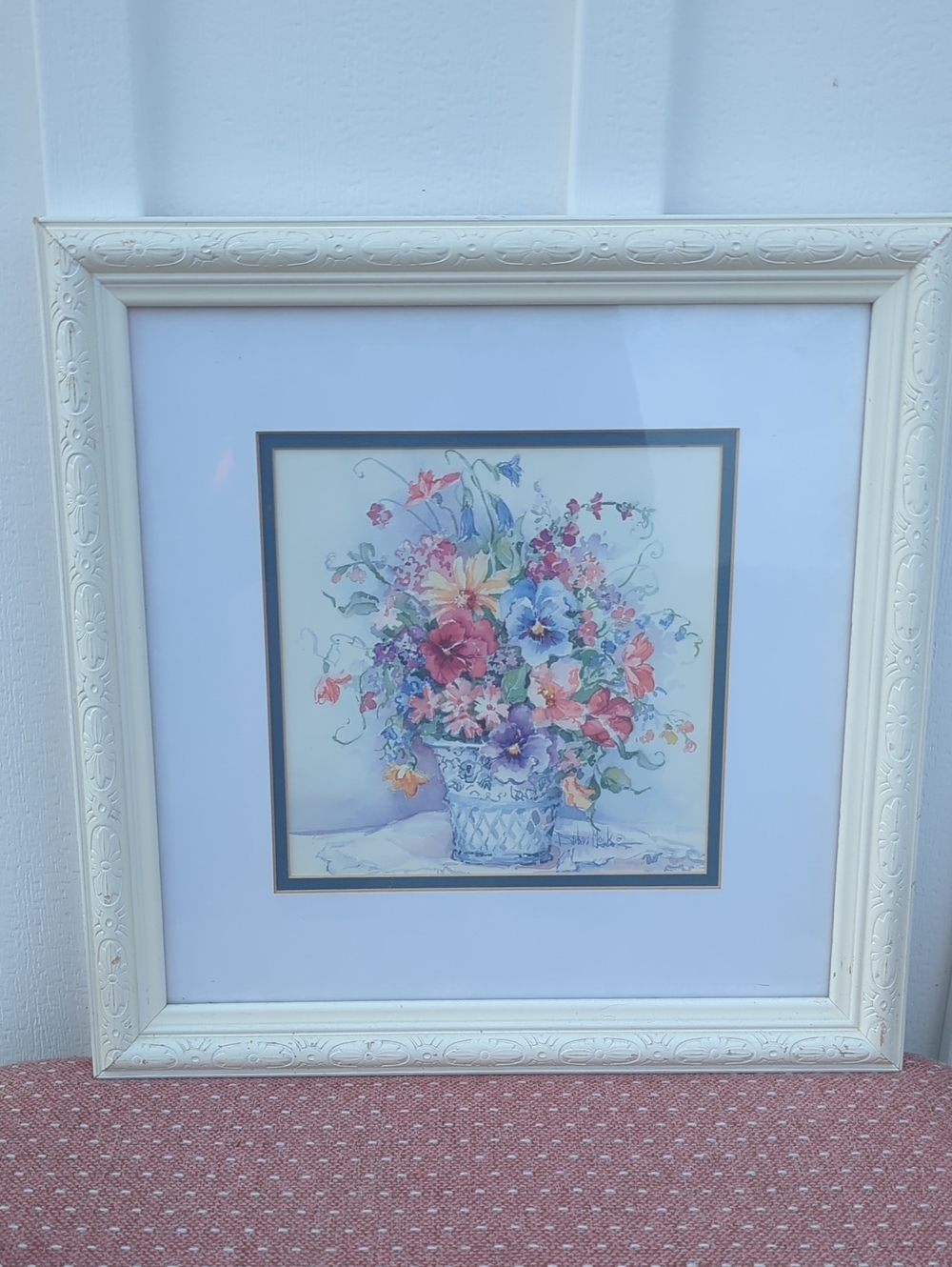 White Framed Floral Still Life Wall Art Blue & Pink Bouquet By Barbara Mack